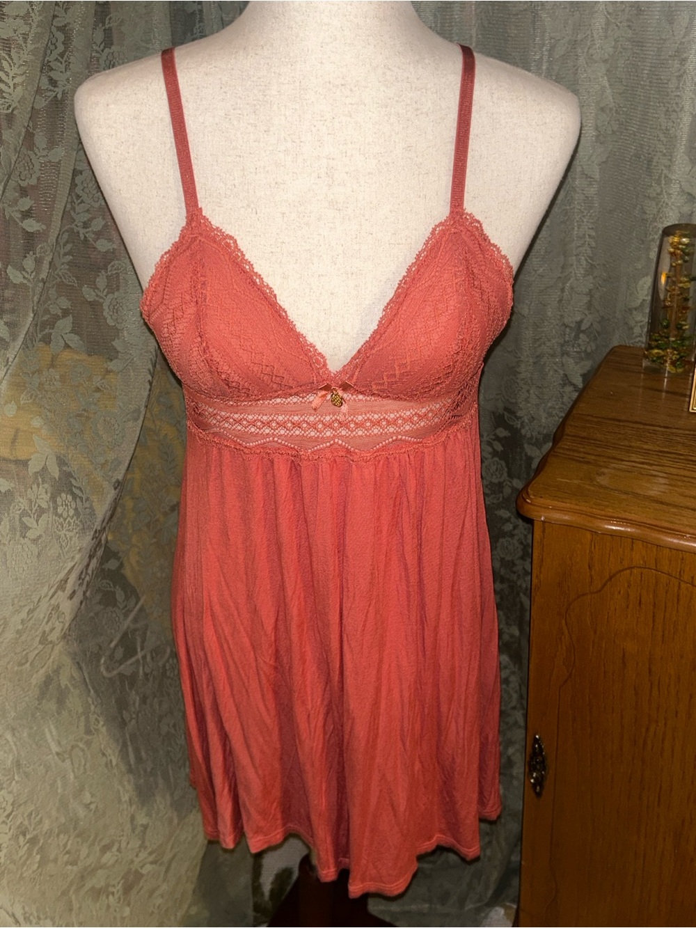 Lace-Trim Slip Chemise Mini Dress with builti padding in Coral